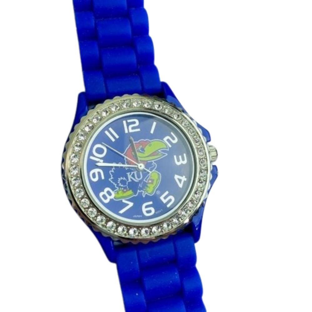 Kansas KU Jayhawks Silver Crystal Watch w. Blue Silicone Band